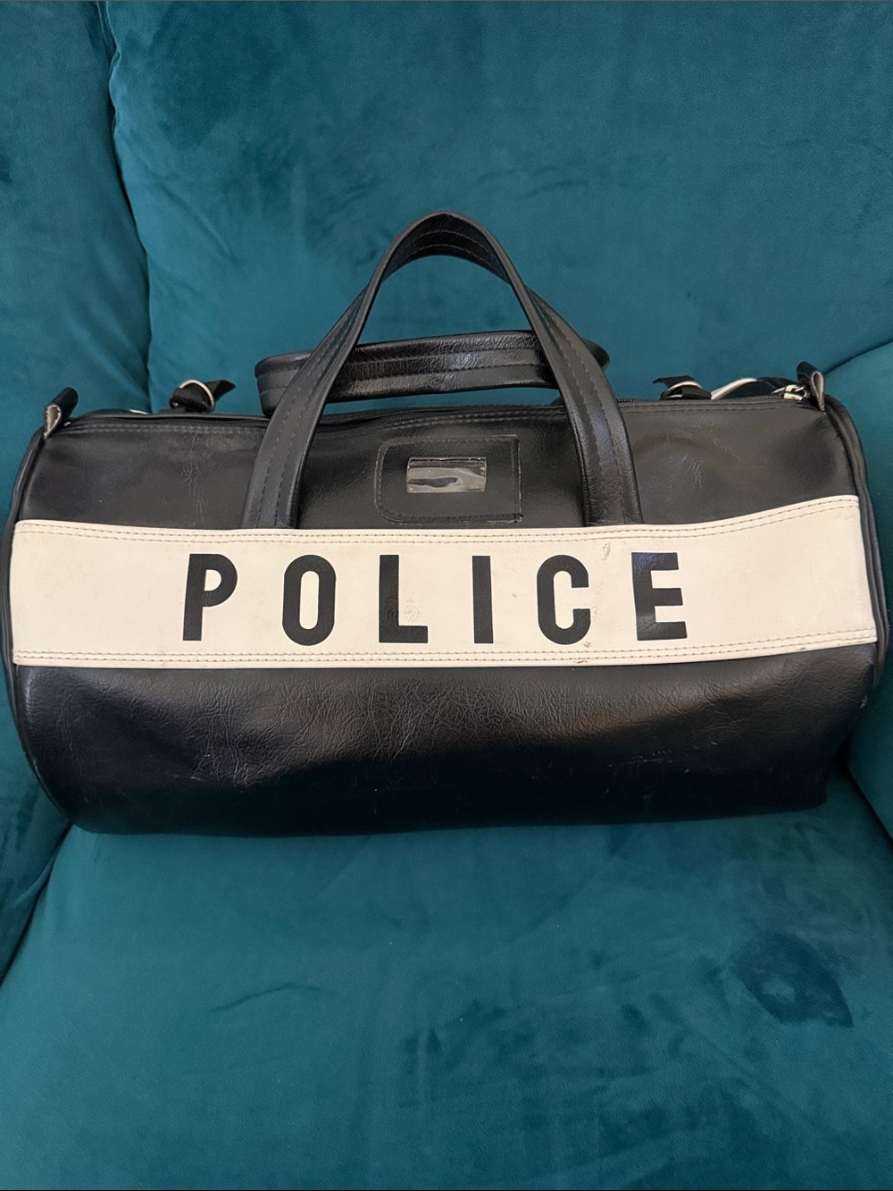 POLICE  Black and White Duffel Bag with Bold Lettering